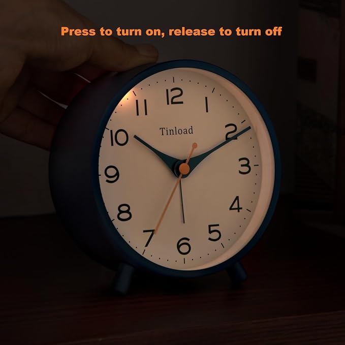 Tinload 4.5" Antique Retro Analog Alarm Clock, Small Silent Bedside Desk Clock,Lighted on Demand, Battery Operated, Snooze, for Living Room, Bedroom, Bedside(Blue)