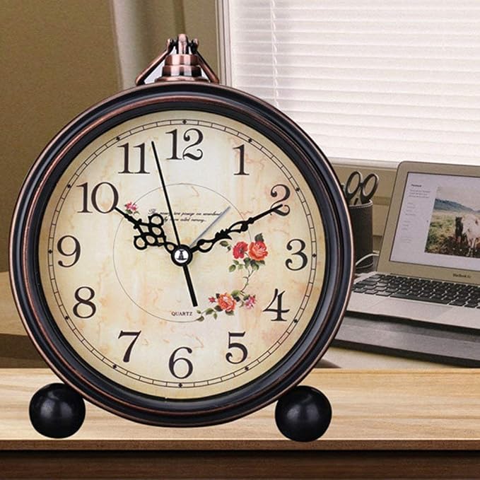 Vintage Analog Alarm Clock, Flower, 5.25 inch Small Silent | Desk Clock, Night Light, Battery Operated, For Table, Bedroom, Bedside, Living Room