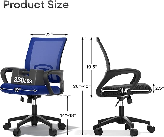 Ergonomic Mesh Office Chair, Heavy Duty 330 Lb Capacity 24 Pack, Blue | Mid-Back Desk Chair, Rolling Wheel, Breathable Mesh Backrest & Lumbar Support, Adjustable Height, Sponge Seat for Home Office