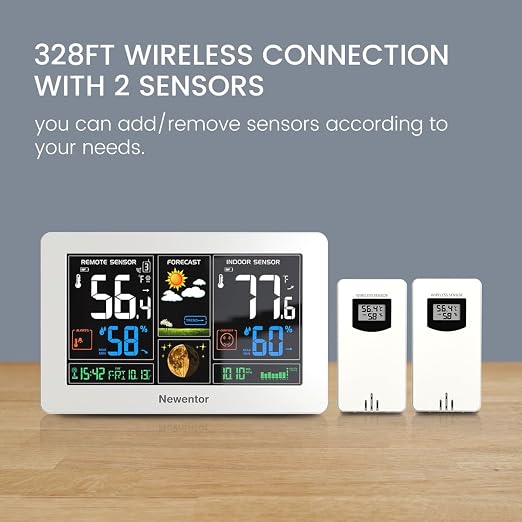 Newentor Weather Station Wireless Indoor Outdoor Thermometer,White,2Sensor | Color Display Digital Weather Thermometer with Atomic Clock, Barometric Pressure, Forecast Station with Adjustable Backlight