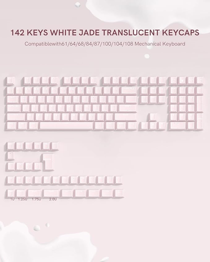 Pink Jade keycap, 142Key Set, Translucent Double Shot 142 Keys Cherry Profile for 60% 65% 75% 87 104 108 Layout Mechanical Keyboards, MX Switch CompatibleKeyboard