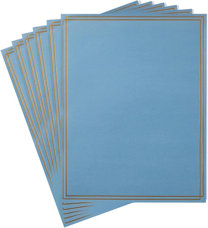 60 Pack Stationery Set Paper with Gold Border, 8.5x11 Inch Paper Sheets for Writing Letters, Letter Size Writing Paper (Dusty-Blue, 8.5x11 inches)