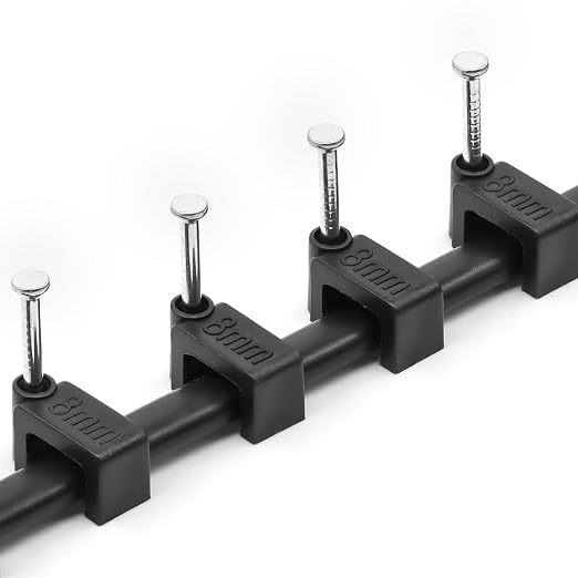 Black Cable Clips Nail in Cable Clip 100 Pcs 8mm Flat Black Ethernet Cable Wall Clips Cable Tacks Coax Clips Speaker Wire Clips Cable Nails for Cords Cat5/Cat5e/Cat6/Cat7 RJ45 Cord Clips