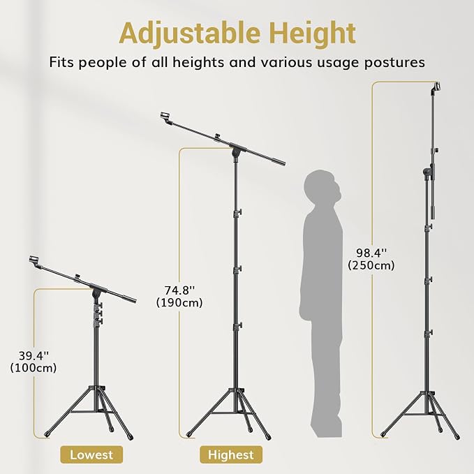 TONOR Microphone Stand with Tablet Holder, Tripod Boom Arm for Floor, Adjustable Height and Angle, Stand with Carrying Bag, Pad Clamp, Max 190 cm/74.8inch, High Compatibility, Cup Tray, T35+