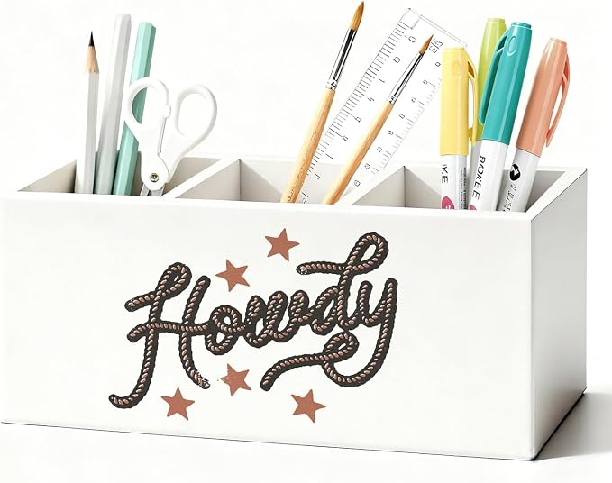 Western Pen Pencil Holder for Desk, Cowgirl Gifts, Cowboy Gifts for Women Men, Western Office Decor, Howdy Southwestern Wooden Box Sign Decorations for Home Office Desk Tabletop