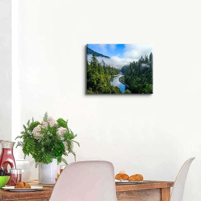 Smoky Mountain Canvas Wall Art for Living Room, Foggy Forest Landscape Wall Decor Nature Pine Trees Scenery Picture Prints Poster Mountains Lake Painting Artwork Home Bedroom Office Decorations 12x16”