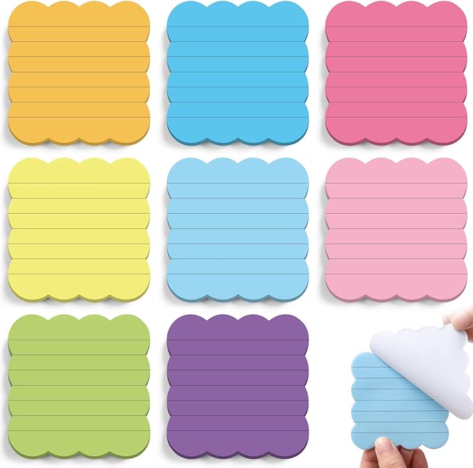 Eaasty 8 Pack Scalloped Aesthetic Sticky Notes Bulk Colorful Cute Wavy Self Sticky Note Pads 3" x 3" Lined Rainbow Colors Note Pads for Back to School Office Supplies 240 Sheets