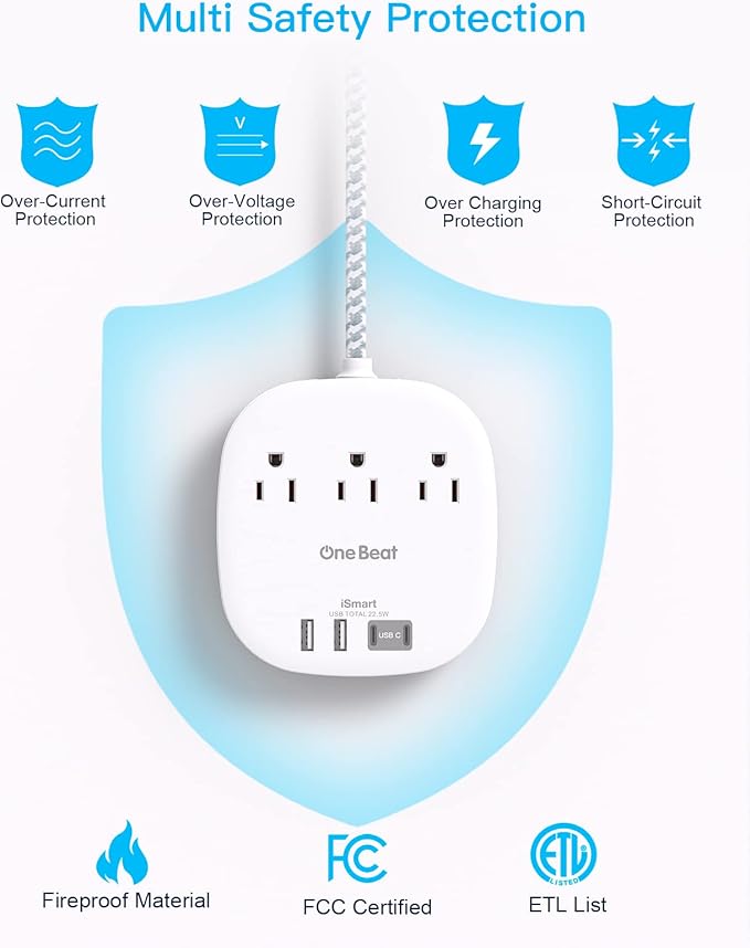 Flat Plug Power Strip, Short Extension Cord 1 Ft - 3 Outlets 4 USB Ports (2 USB C) 22.5W/4.5A Desktop Charging Station, Power Strip No Surge Protection for Cruise Ship, Dorm Room Travel Essentials