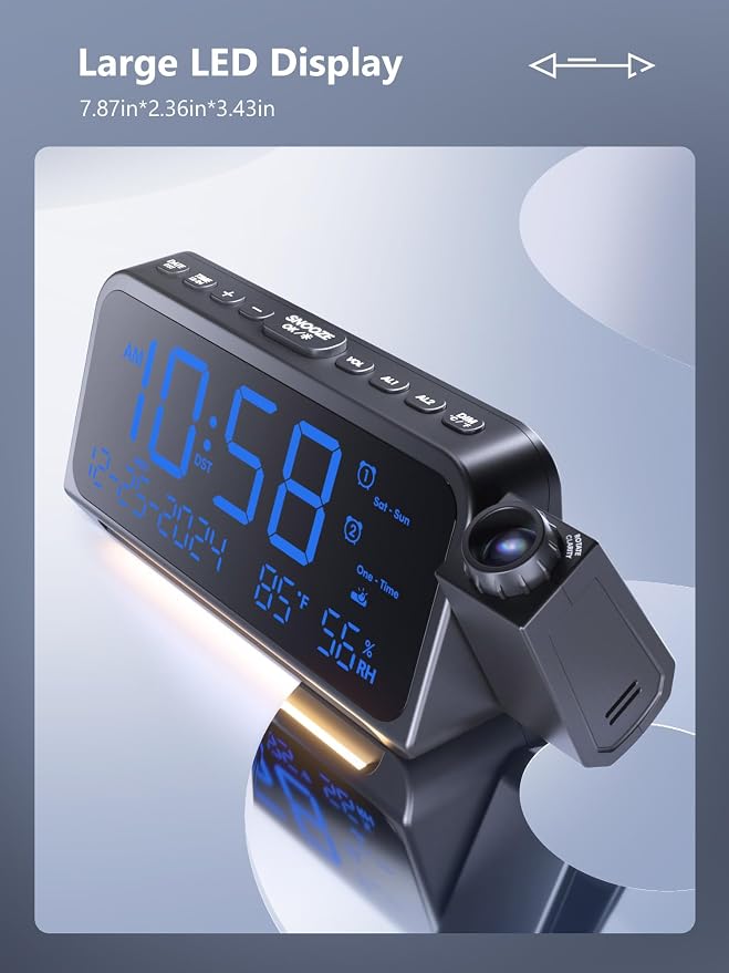 OnLyee Projection Clock for Bedroom Ceiling, Alarm Clock for Heavy Sleepers | 350° Rotatable Projector, Dual Alarms, 5 Brightness, Weekday/Weekend Mode, Temp & Humidity, Snooze, USB Charger