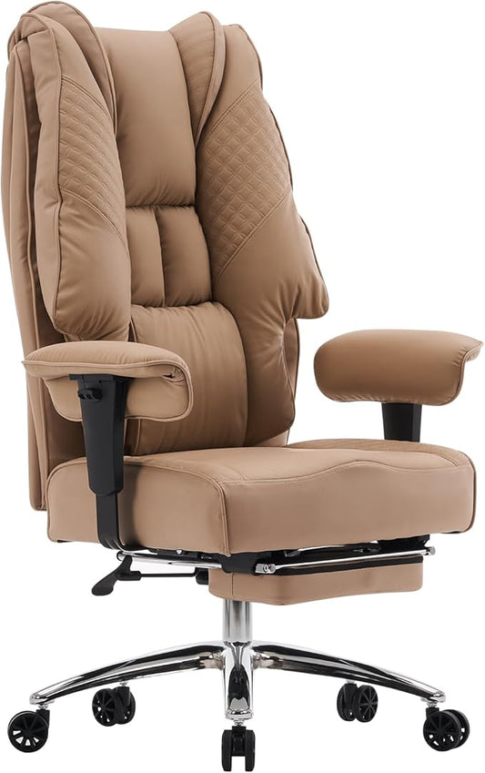 Big and Tall Office Chair 400lbs Wide Seat, Leather High Back Executive Office Chair with Foot Rest, Ergonomic Chairs Lumbar Support for Lower Back Pain Relief (Brown)