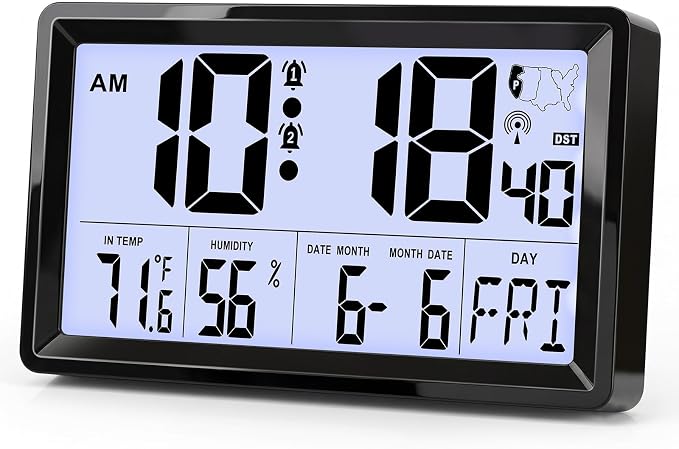 QPEUIM Atomic Clock with Indoor Temp & Humidity,Atomic Wall Clock 8.78 Inch Self-Setting, Digital Clock Large Display with Auto DST & 4 Time Zones for Home Office Bedroom