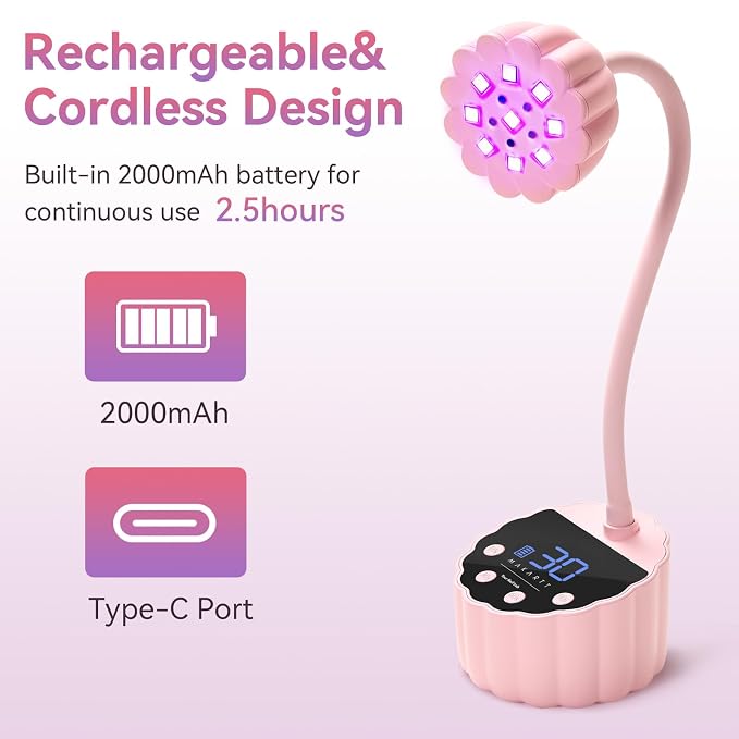 Makartt UV LED Nail Lamp - Gooseneck 58mW/cm² Flash Cure Lamp Rechargeable UV Light for Gel Nails with 4 Times & Auto Sensor USB Cordless Fast Curing Nail Art Design for Salon Home DIY (Pink)