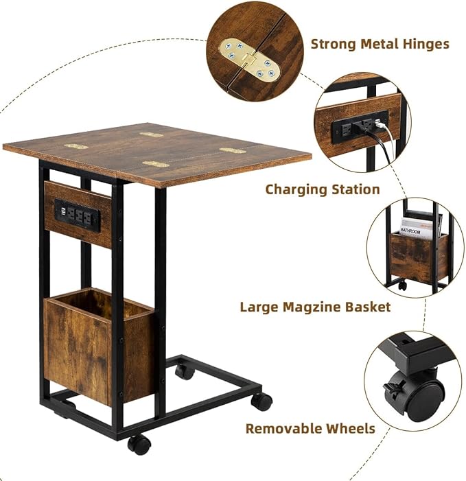 Hadulcet C Tables End Table Set of 2, C Shaped Side Table with Charging Station, Folding Table TV Trays for Eating, Couch Tables That Slide Under, Small End Table Snack Tables, Rustic Brown