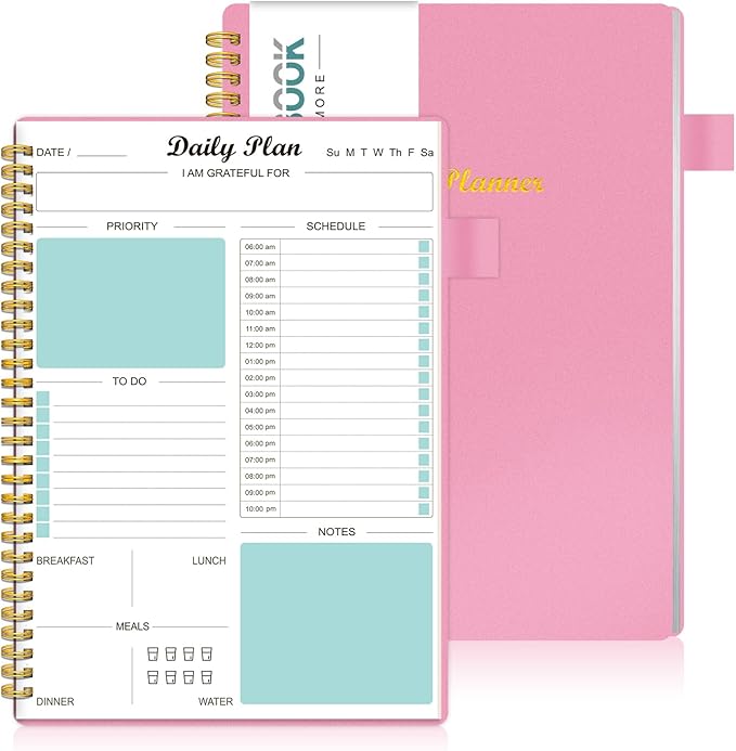Daily Planner Undated, To Do List Notebook with Hourly Schedule Calendars Meal, Spiral Appointment Organizers Notebook for Man/Women, Pocket, Pen Loop, 160 Pages (5.5x8.5")