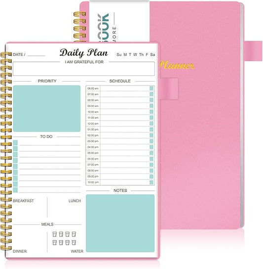 Daily Planner Undated, To Do List Notebook with Hourly Schedule Calendars Meal, Spiral Appointment Organizers Notebook for Man/Women, Pocket, Pen Loop, 160 Pages (5.5x8.5")