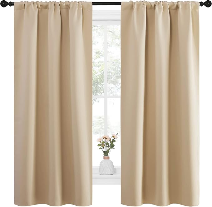 NICETOWN Blackout Room Darkening Curtains - Home Decoration Light & Noise Reducing Thermal Insulated Window Draperies with Rod Pocket Top (Biscotti Beige, 2 Panels, 34 inches Wide x 63 inches Long)