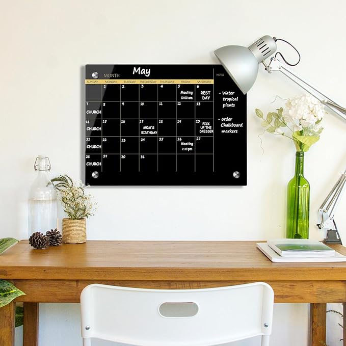 Okydoky Glass Dry Erase Whiteboard,Monthly Calendar Whiteboard,12" x 16",Frameless Glass White Board for Home,School,Office,Black Surface(GlassA-BK-3040)