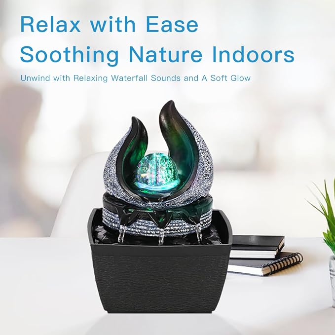 Tabletop Water Fountains Indoor, 3 Gears Desktop Fountain with Led Rolling Ball, Table Top Small Water Feature Interior Zen Relaxation Decor for Home Bedroom Living Room Office Apartment