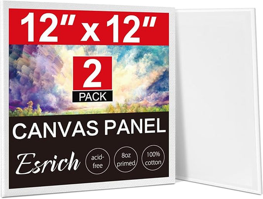 ESRICH Canvas for Painting, 2 Pack Square Canvas Boards for Painting 12x12 100% Cotton Primed Acid Free Blank Canvas Panels for Oil Paint, Watercolor, Acrylic Paint, Gouache and Tempera.