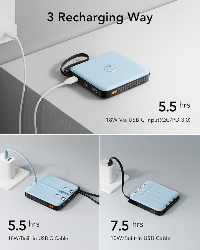 VRURC 20000mAh Portable Charger Fast Charging with Built-in 4 Cables(1Pack) | Travel Essentials, 22.5 W Battery Pack, Power Bank for iPhone 17/16/15 Series, Samsung Galaxy Series, Phone, Blue