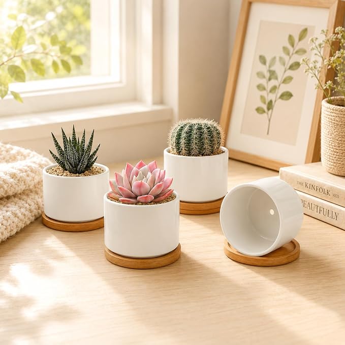 ZOUTOG Succulent Pots 3.1 Inch,8 Pack Succulent Planters,Small Pots for Plants with Drainage and Tray,White Ceramic Flower Planters for Indoor Plants,Home,Office,Desk
