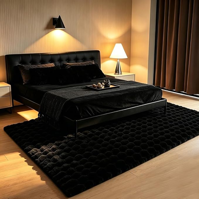 Black Rabbit Plush Rug 3'x5', Fluffy Shaggy Area Rug for Nursery & Kids Room, Faux Fur Carpet for Girls Bedroom, Living Room, Teen Decor