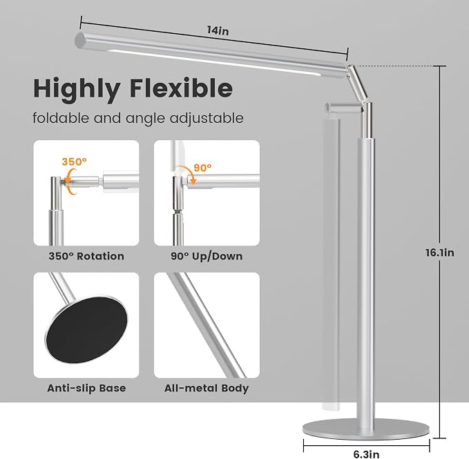 SIBRILLE Silver LED Desk Lamp, 16" Dimmable Metal Desk Light with Base, 15W 1200LM, Adapter Included, Color & Brightness Adjustable, Modern Tall Table Lamp for Home Office Reading Study Task Laptop