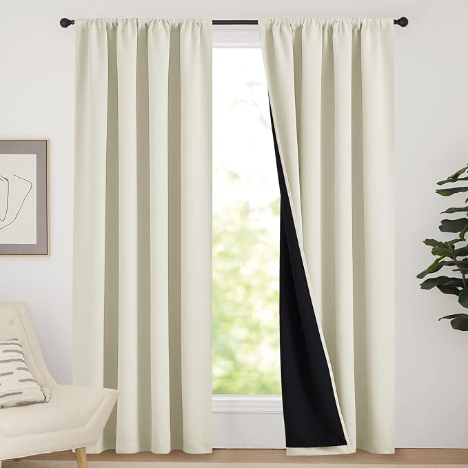 NICETOWN Living Room Completely Shaded Draperies, Privacy Protection & Noise Reducing Drapes, Black Lined Rod Pocket Window Treatment Curtain Panels for Patio Door (Beige, 2 Pieces, W52 x L84)