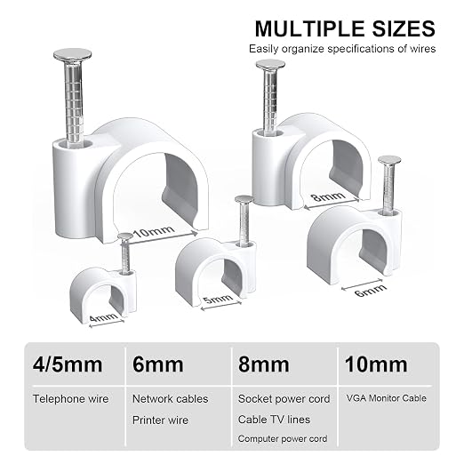 Jadaol Wide Design Cable Clips with Nails, 250 Pack Cord Wire Clips (4mm 5mm 6mm 8mm 10mm), Nail-in Round Cable Tacks for Ethernet Cable, Coaxial, TV, Speaker, Electrical Wire, White