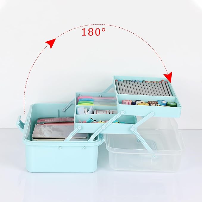 BTSKY 3-Layer Plastic Dividing Storage Box Craft Organizer and Storage | Portable Handled Art Supply Organizer with Adjustable Spacers Multipurpose Home Utility Box for Medicine Sewing(Blue)