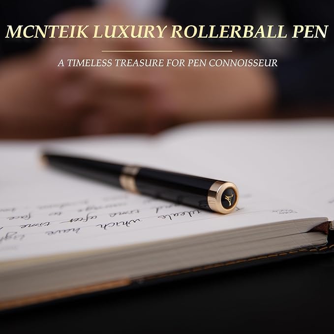 MCNTEIK Black Rollerball Pen With 24K Gold Finish, Luxury Grade Craftsmanship Pen, Schmidt 888F Ink Refill, Exquisite Men's And Women's Gift Pen Set, Professional, Writing, Executive,Office, Nice Pen