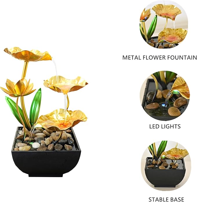 Gold Tabletop Water Fountain, Desktop Waterfall, Indoor Lotus Desktop Decorative Fountain, Home Bathroom Bedroom Decor.Thanksgiving Gift