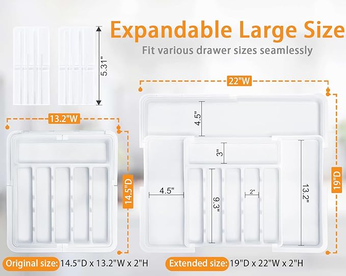 Silverware Organizer for Kitchen Drawer, Expandable Utensil Drawer Organizer with 2 Knife Block, Flatware and Cutlery Holder, Adjustable Plastic Storage for Spoons Forks Knives