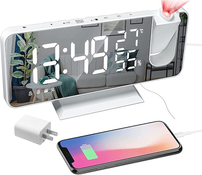 Projection Digital Alarm Clock for Bedrooms, Clock Radio on Ceiling, USB | Charger Port, Temperature & Humidity Display, 7.3” Large Mirror LED Display,12/24H,Snooze,Dual Loud Alarm Clock- 4 Dimmer