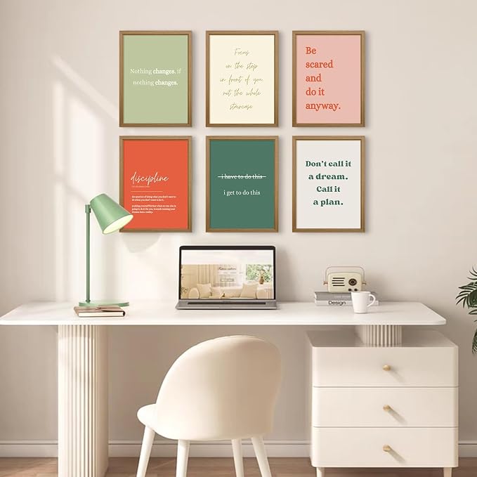 Office Wall Art Motivational Posters Inspirational Quote Canvas Wall Decor Office Positive Pictures Inspirational Classroom Art Motivational Work Prints for Gym Home 8x10 Inch Framed Set of 6