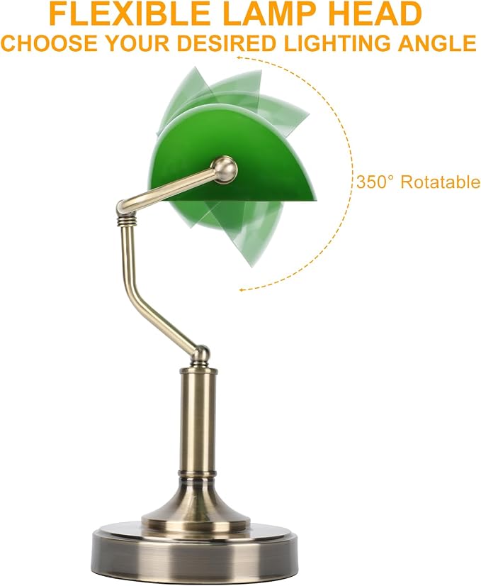 LINNMON Bankers Lamp, Green Desk Lamp with Touch Control Switch, Retro Lamp with USB and Type C Charging Ports, Vintage Lamp for Home Office, Piano, Library, LED Bulb Included (Vintage)