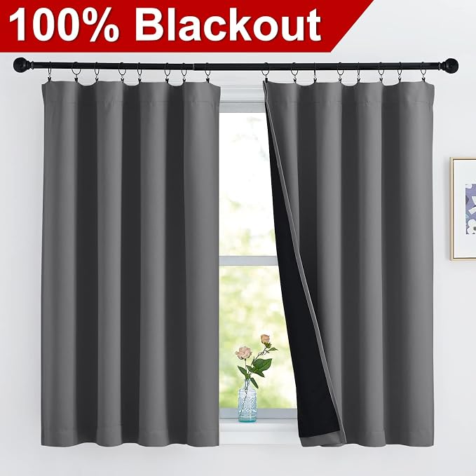 NICETOWN 100% Blackout Curtains for Bedroom with Rod Pocket, Thermal Insulated 2-Layer Lined Drapes, Energy Efficiency Window Draperies for Dining Room (Grey, 2 PCs, 52-inch W by 45-inch L)