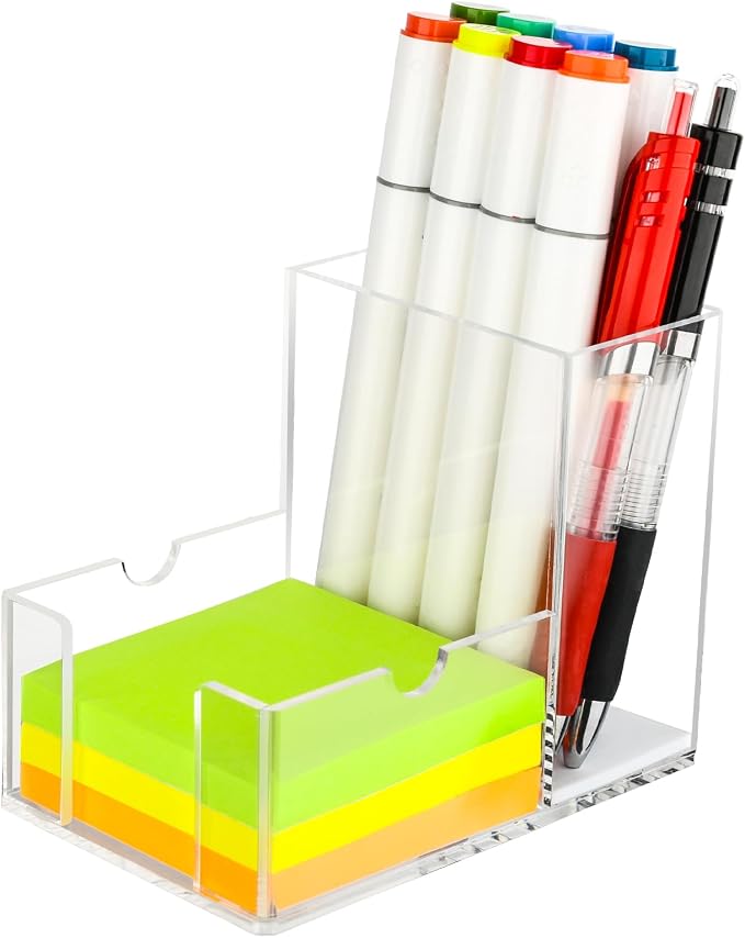 Sticky Note Holder, Crystal Clear Acrylic Pen and Sticky Note Dispenser for 3x3 Inches Note Pads, Simple Phone Stand for Office Home School Dorm Room Desk Organizer(No Pads) (1)