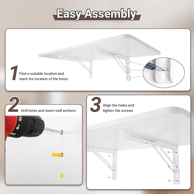 Neoaider Wall Mounted Folding Table 39.4”L x 19.7”W, Laundry Folding Table with Heavy Duty Metal Collapsible Shelf Brackets, Wall Mounted Desk Fold Down for Small Spaces, White
