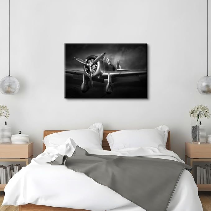 Large Propeller Aircraft Wall Art Black and White Airplane Bedroom Wall Decor for Living Room Close-up Plane Engine Pictures Canvas Prints Military Fighter Paintings Artwork Home Decorations 32x48"