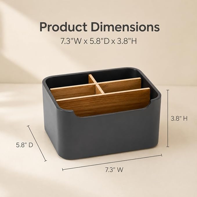 Remote Control Holder, Desk Organizer with Removable Dividers,Black | 5-compartment resin and wood organizer holds remotes, pens, glasses, and media devices for desk, coffee table, or nightstand