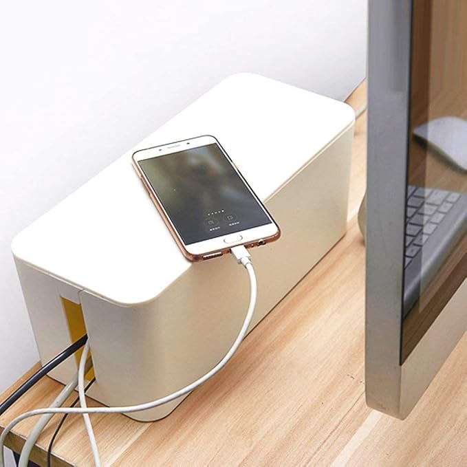 Cable Management Box Organizer, Pack of 2 Wire Concealer to Cover Hide Surge Protector & Power Strip on Desk Floor, with 5 Cord Fastening Tapes for Office, Home, Kitchen (Ice White)