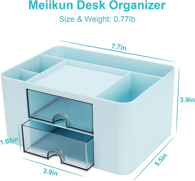 Meiikun Plastic Pen Organizer, Multifunctional Desk Organizer with 2 Drawers, 4 Compartments & a Top Tray, Pencil Holder Desktop Organizers and Accessories for Office, 7.7" x 5.5" x 3.9" (Blue)