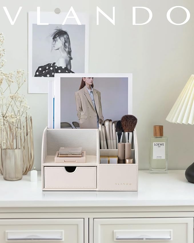 VLANDO PU Leather Desk Organizer with Drawer,6 Compartments | Office Supplies for Women,Desktop Storage for Pens, Notes, Makeup Brushes Vanity Essentials,Cream White