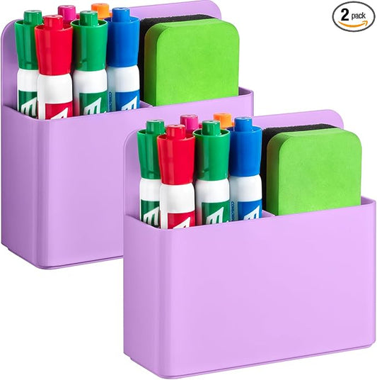 2 Pcs Magnetic Dry Erase Marker Holder for Whiteboard, Plastic Magnetic Pen Holder for Refrigerator Fridge, Magnet Pencil Cup for School Classroom, Locker Accessories,Pen Cup Organizer-Purple