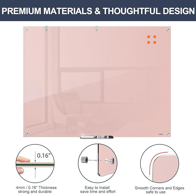 White Board Dry Erase, 48x36 Inches Magnetic Glass Whiteboard, Pink Frameless Glass Dry Erase Board for Wall Office Classroom School Home, 4x3 Feet Large White Board Wall Mounted