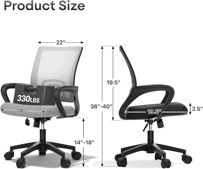 Ergonomic Mesh Office Chair, Heavy Duty 330 Lb Capacity 2 Pack, Light Grey | Mid-Back Desk Chair, Rolling Wheel, Breathable Mesh Backrest & Lumbar Support, Adjustable Height, Sponge Seat for Home Office
