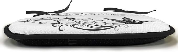 Lunarable Hummingbirds Chair Cushion Pads Set of 4, Tattoo Art Style Hummingbird Silhouette Wildlife Curvy Stems Blooms Imagery, Anti-Slip Seat Padding for Kitchen & Patio, 16"x16", White Black