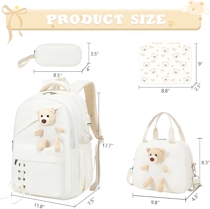 ACESAK Backpack for Girls with Bento Box - 4 PCS Cute Girls Backpack with Lunch Box, Pencil Case & Bento Box Set - 43oz Leakproof Lunch Box Kids Snack Containers Set Back to School Supplies (Beige)