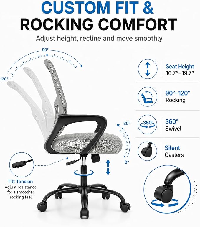 Ergonomic Office Chair, Home Office Desk Chair, Game Chair with Lumbar Support, Breathable Mesh Chairs, Swivel Desk Chairs for Computer, Home, Office, 360° Swivel (Grey)